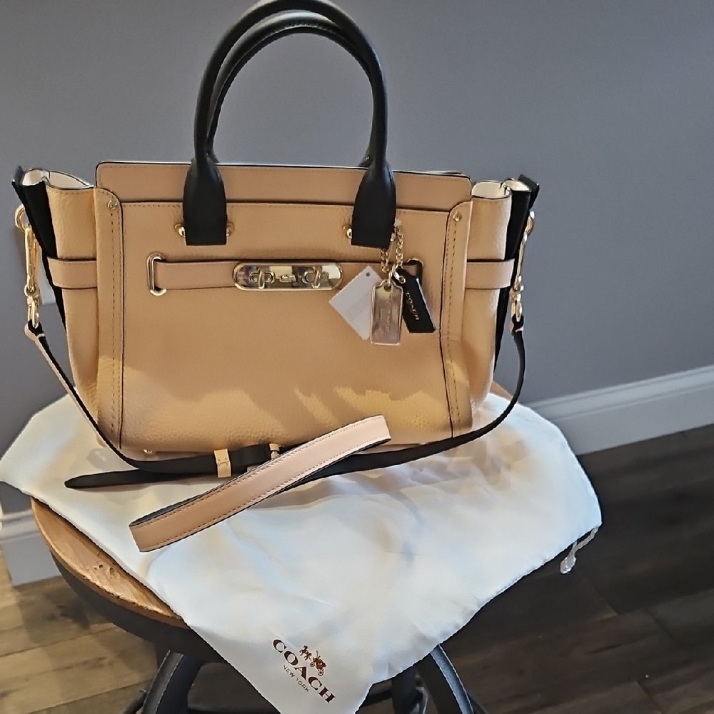 Coach Two-Tone Pebbled Leather Satchel in Beige and Black